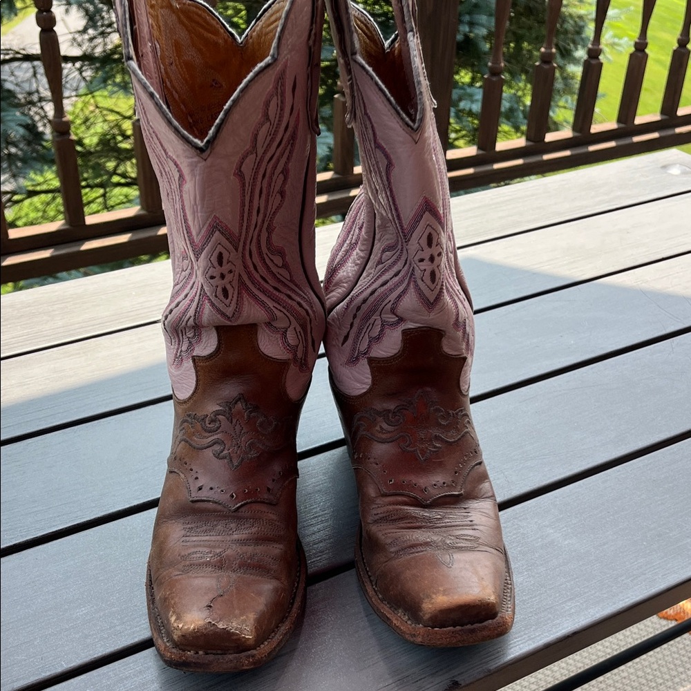 Justin Pink and Brown Heeled Western Boots
